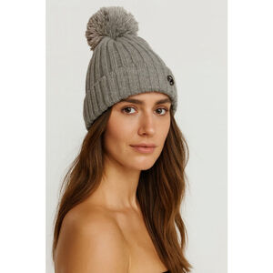 Women's Michael Kors Gray Ribbed Knit Pom-Pom Beanie One Size